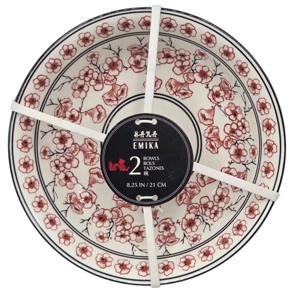 Emika Floral 8.25in Asian Ceramic Ramen Noodle Bowl Set Of 2pc White Dusty Rose - Picture 10 of 13